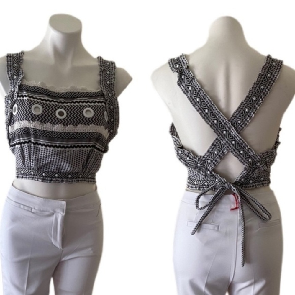 Chelsea & VIOLET Knit crop top black white  straps tribal print festival